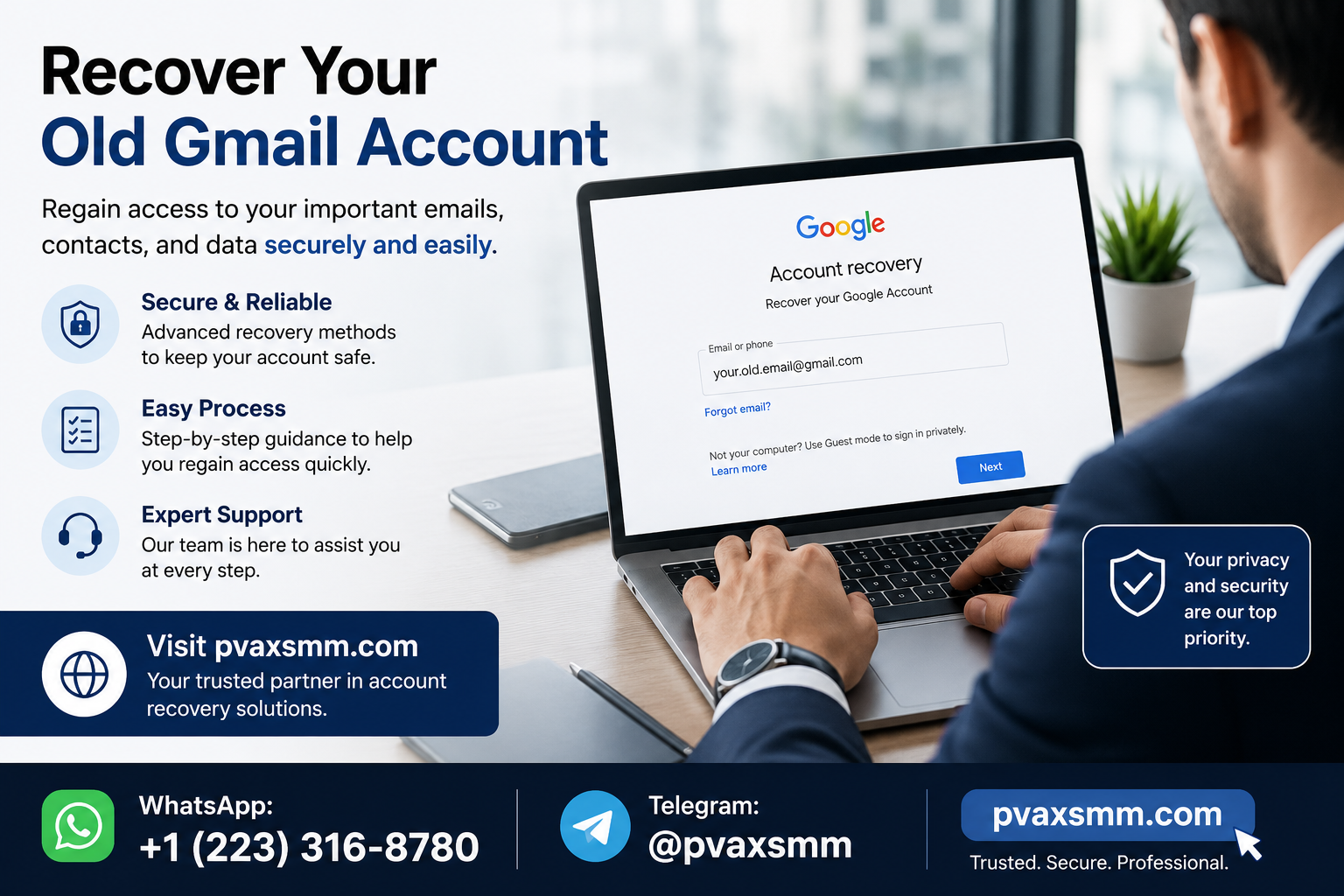 Person recovering an old Gmail account on a laptop using the Google Account Recovery page